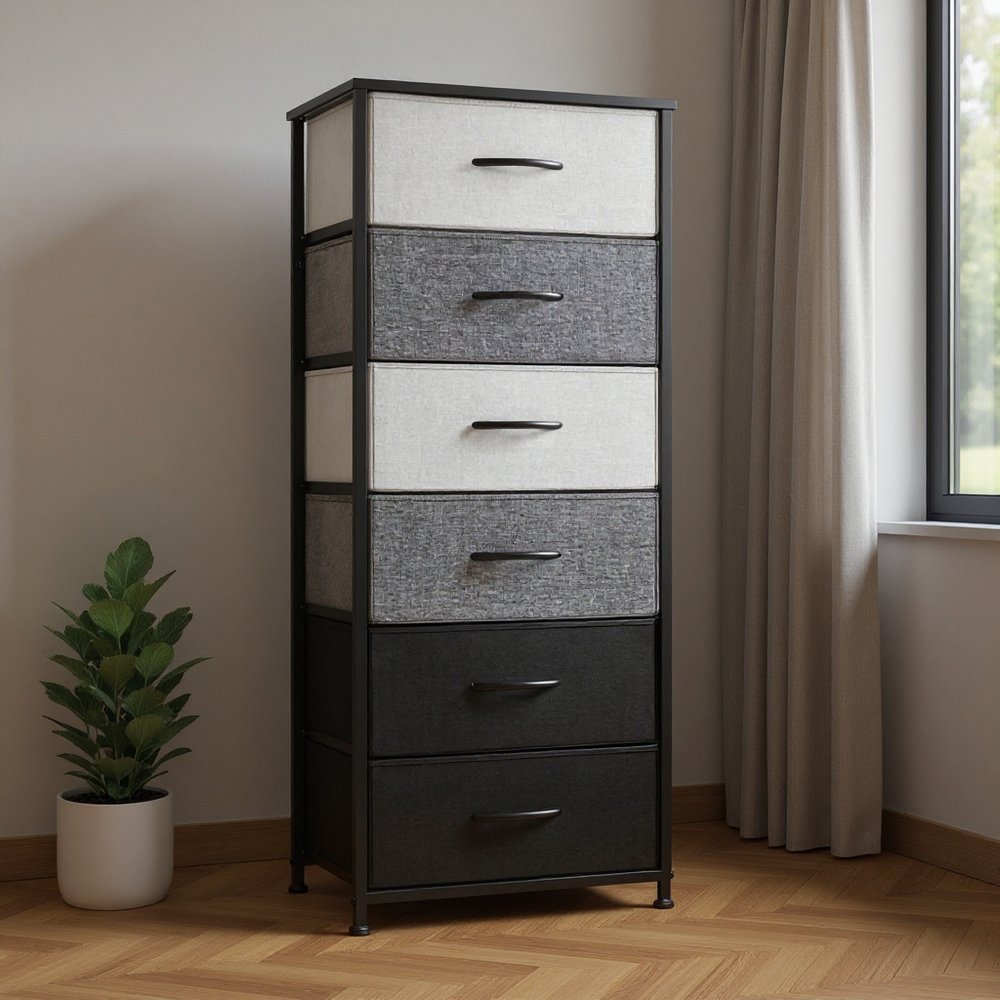 18" Gray and Black Steel and Fabric Six Drawer Chest HomeRoots