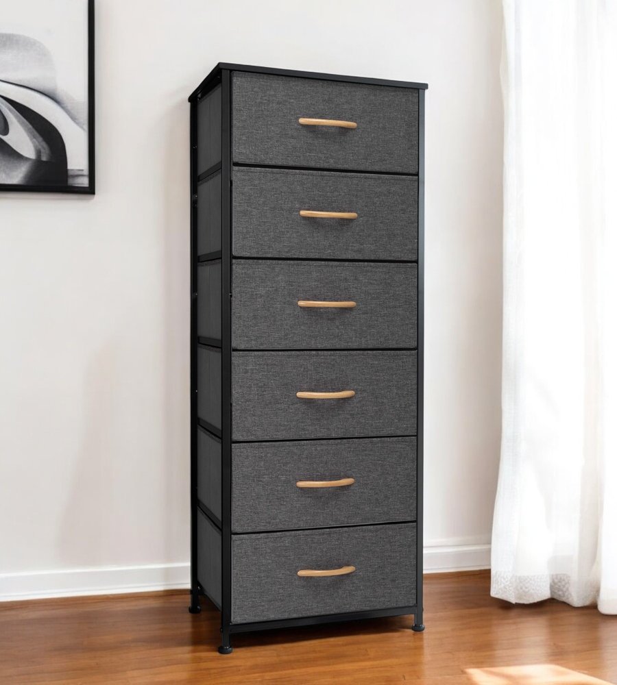 18" Gray And Black Steel And Fabric Six Drawer Dresser HomeRoots
