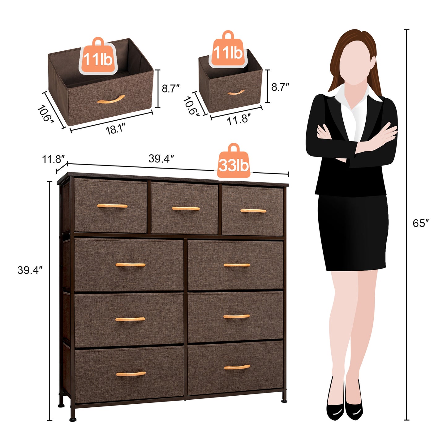 39" Brown Steel and Fabric Nine Drawer Triple Dresser