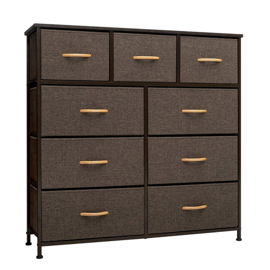 39" Brown Wood Steel And Fabric Nine Drawer Double Dresser