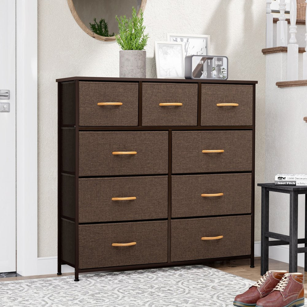 39" Brown Steel and Fabric Nine Drawer Triple Dresser HomeRoots