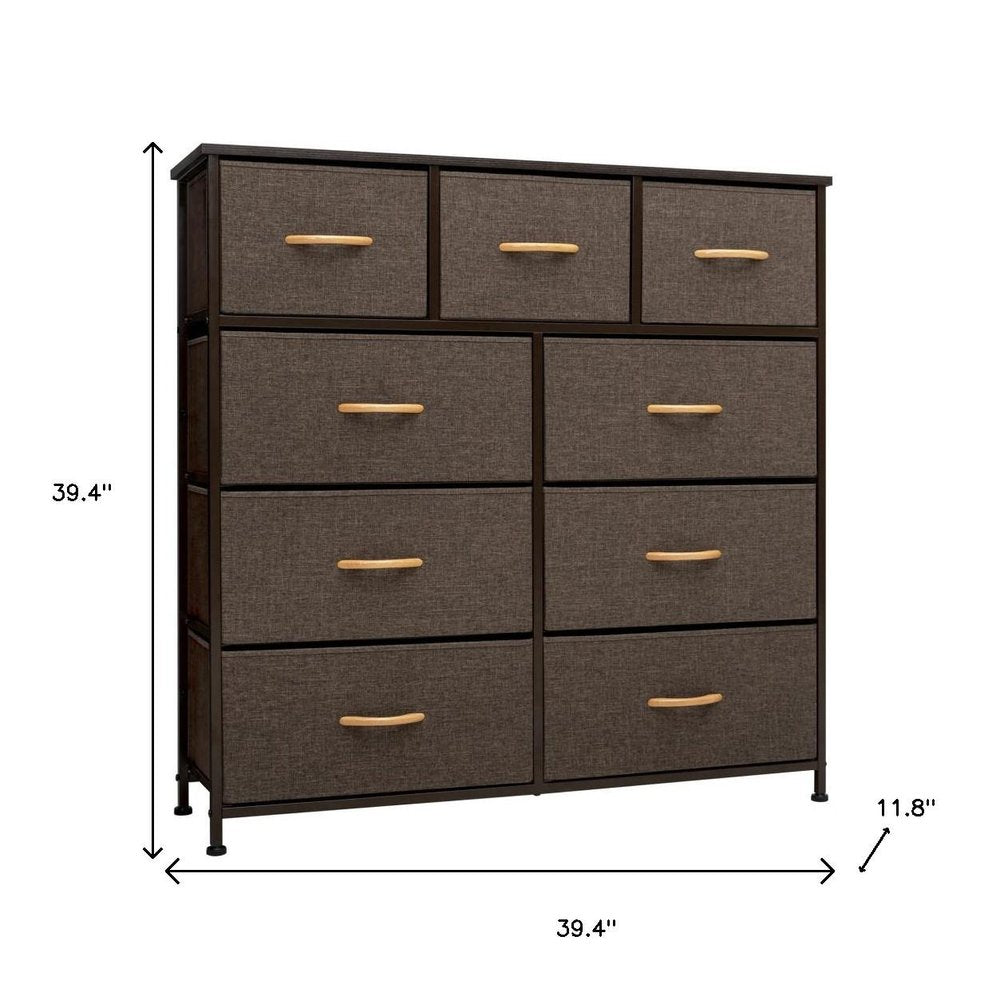 39" Brown Steel and Fabric Nine Drawer Triple Dresser HomeRoots