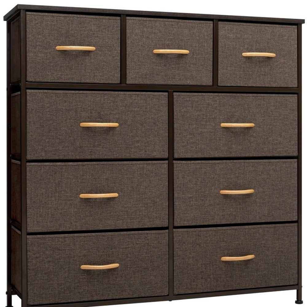 39" Brown Steel and Fabric Nine Drawer Triple Dresser HomeRoots