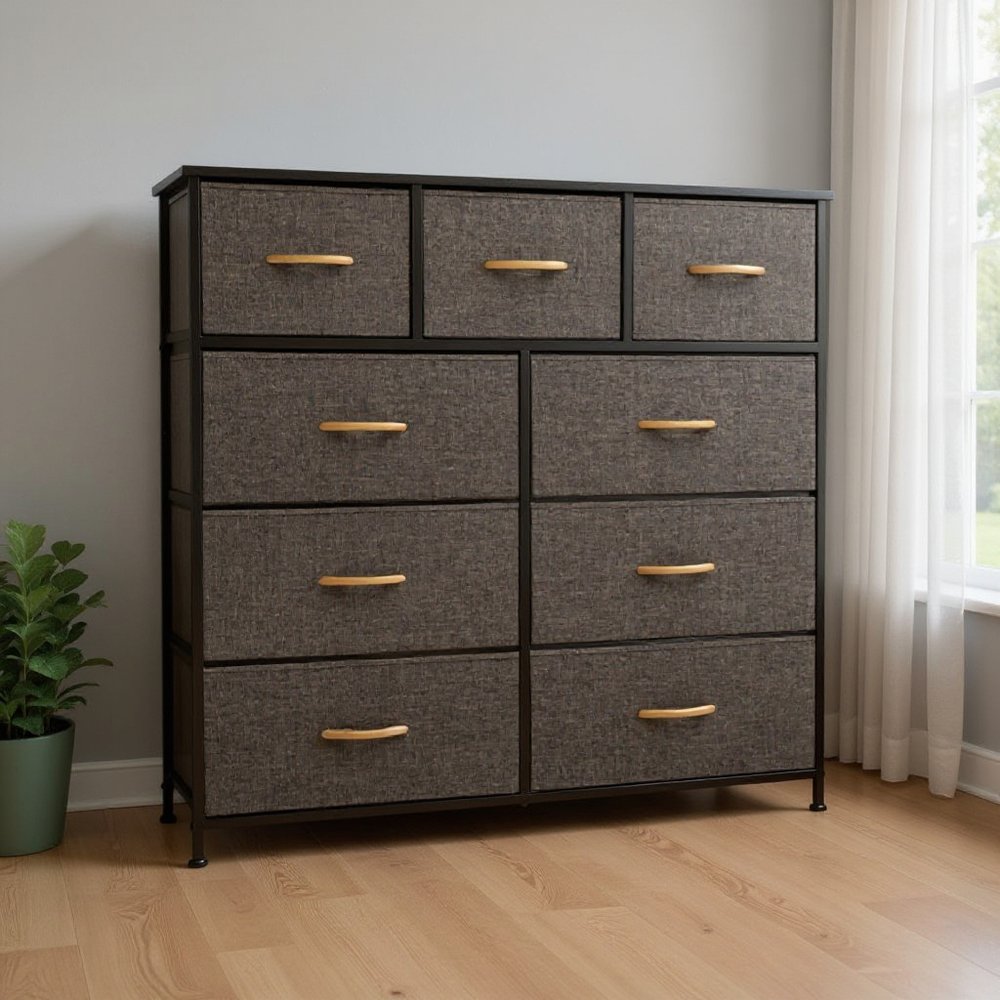 39" Brown Steel and Fabric Nine Drawer Triple Dresser HomeRoots
