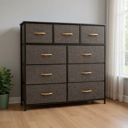 39" Brown Steel and Fabric Nine Drawer Triple Dresser HomeRoots