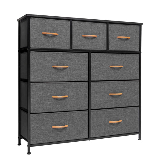 39" Gray and White Steel and Fabric Nine Drawer Triple Dresser