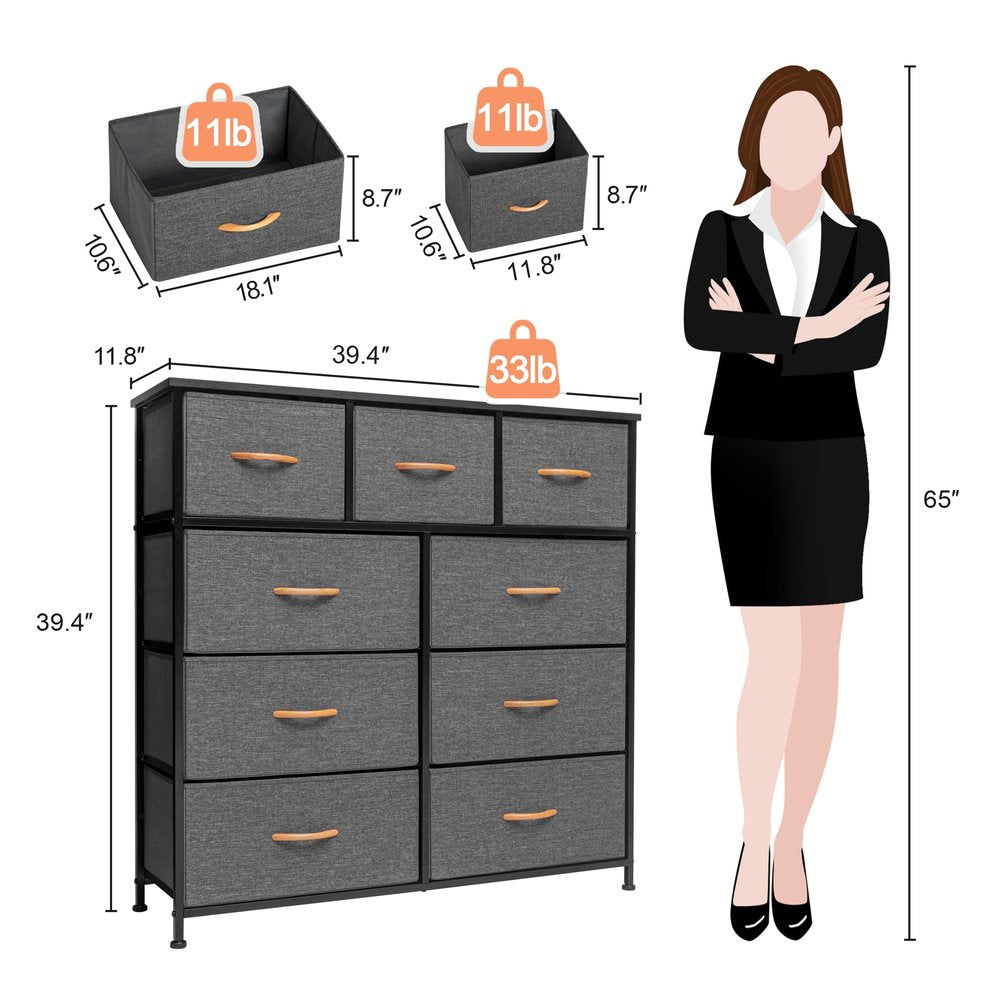 39" Gray and White Steel and Fabric Nine Drawer Triple Dresser HomeRoots