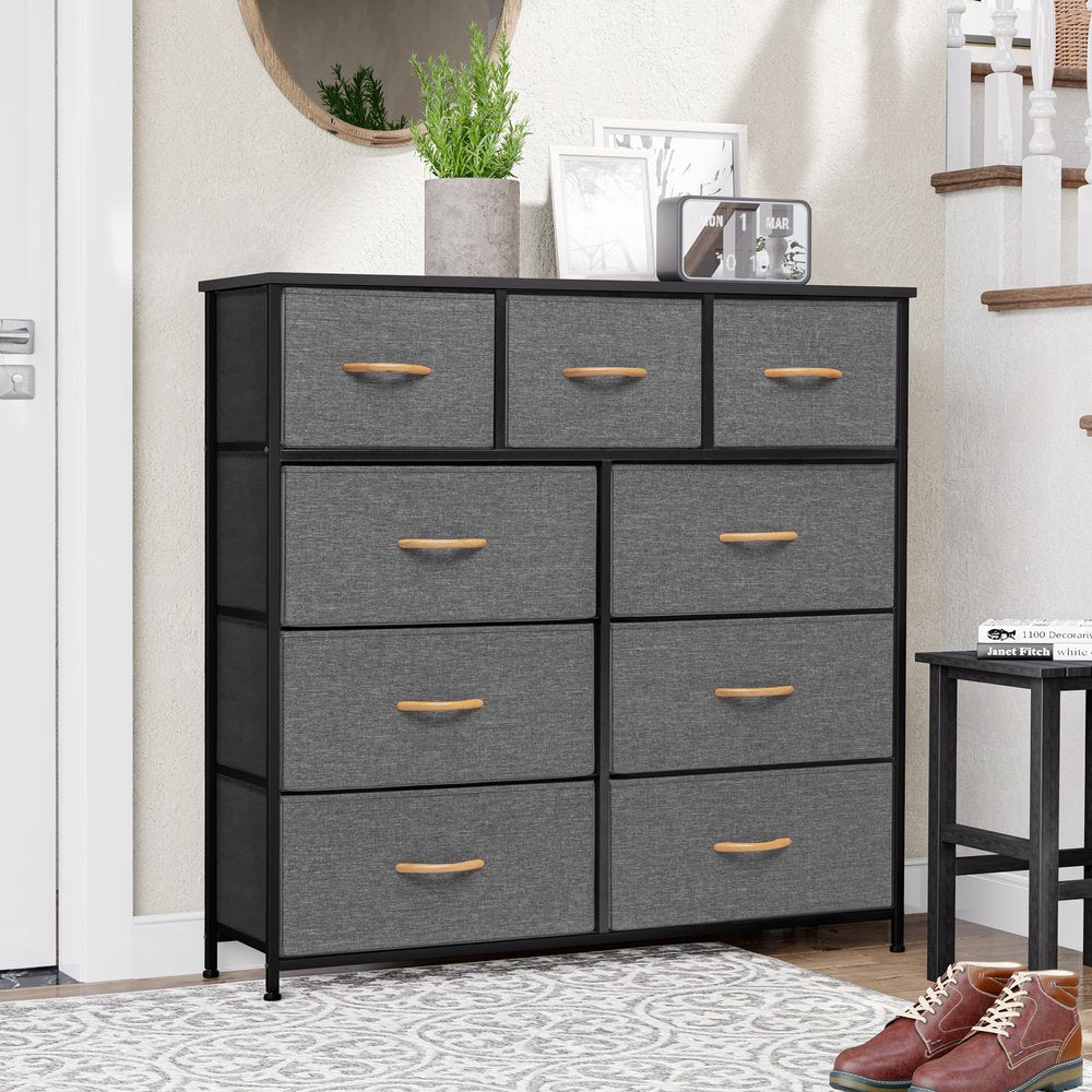 39" Gray and White Steel and Fabric Nine Drawer Triple Dresser HomeRoots