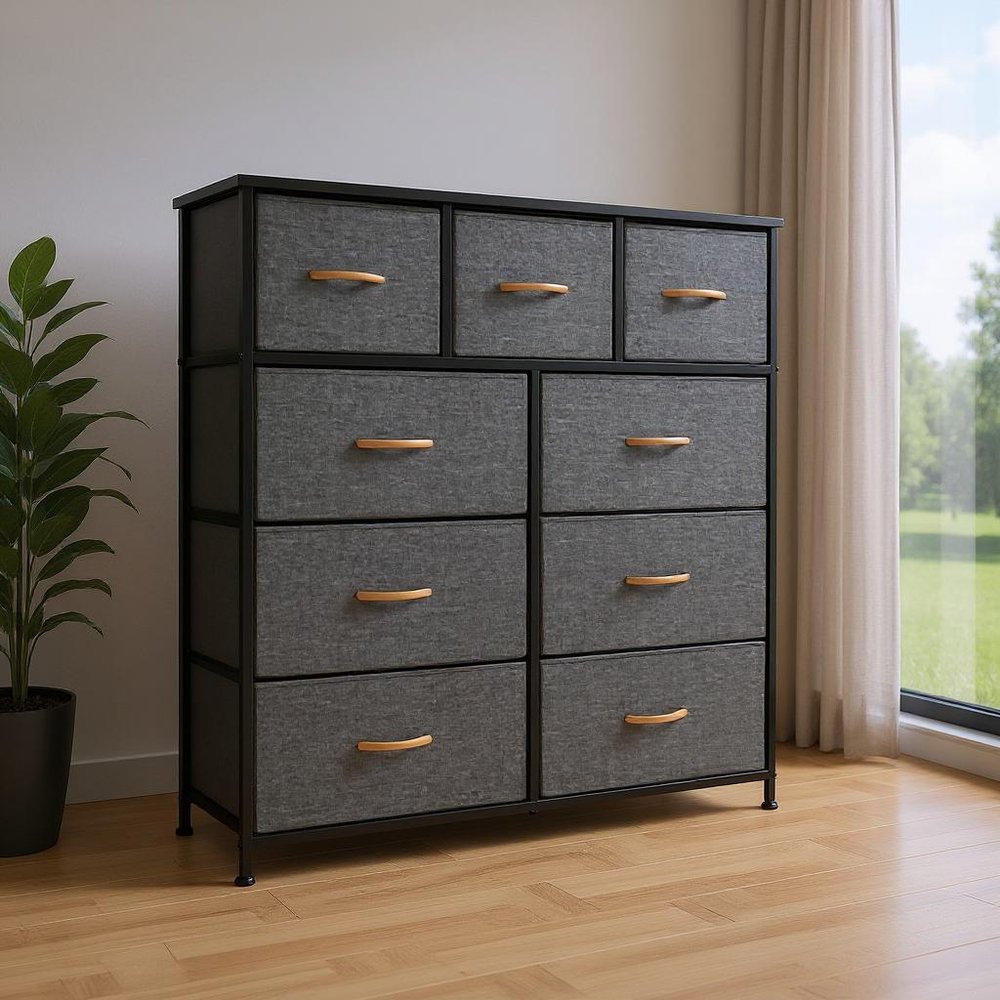 39" Gray and White Steel and Fabric Nine Drawer Triple Dresser HomeRoots