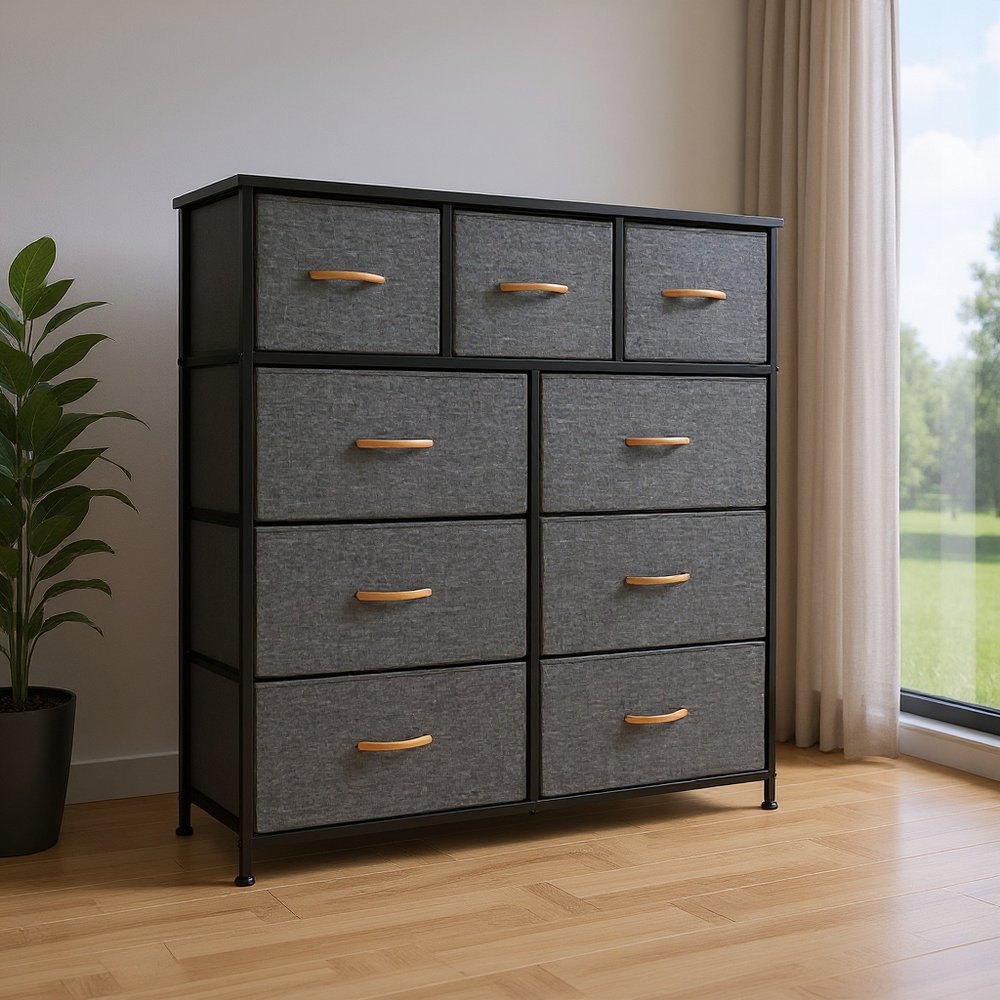 39" Gray and White Steel and Fabric Nine Drawer Triple Dresser HomeRoots