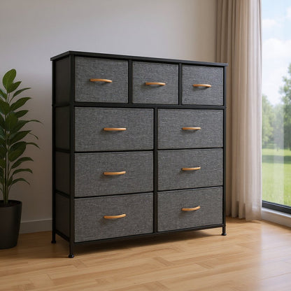 39" Gray and White Steel and Fabric Nine Drawer Triple Dresser HomeRoots