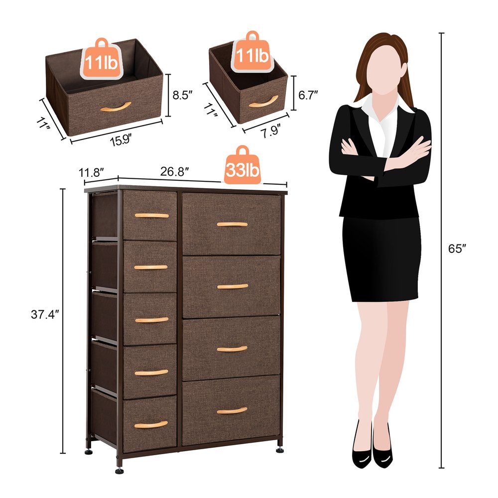 27" Brown Steel and Fabric Nine Drawer Combo Dresser HomeRoots