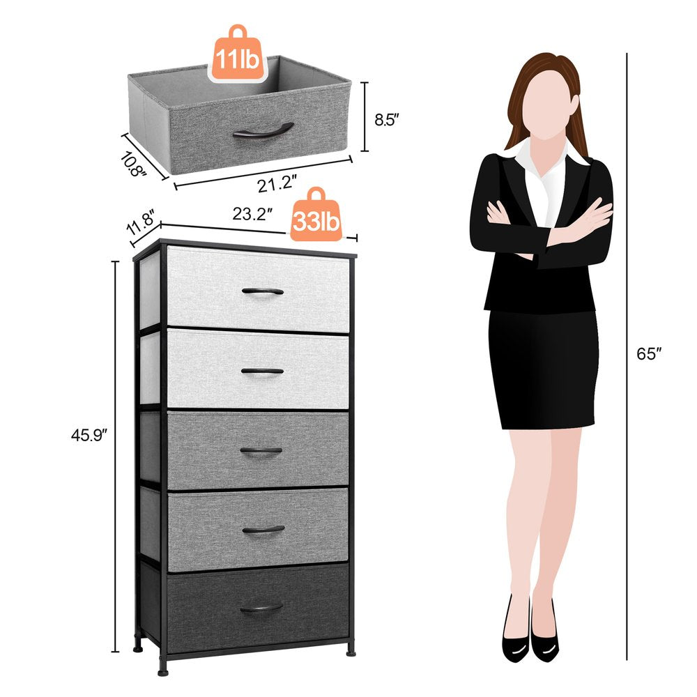 23" Gray and Black Steel and Fabric Five Drawer Double Dresser HomeRoots