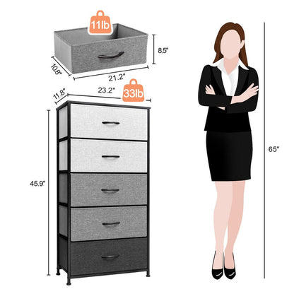 23" Gray and Black Steel and Fabric Five Drawer Double Dresser HomeRoots