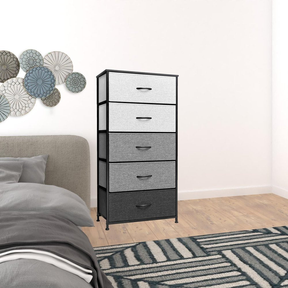 23" Gray and Black Steel and Fabric Five Drawer Double Dresser HomeRoots