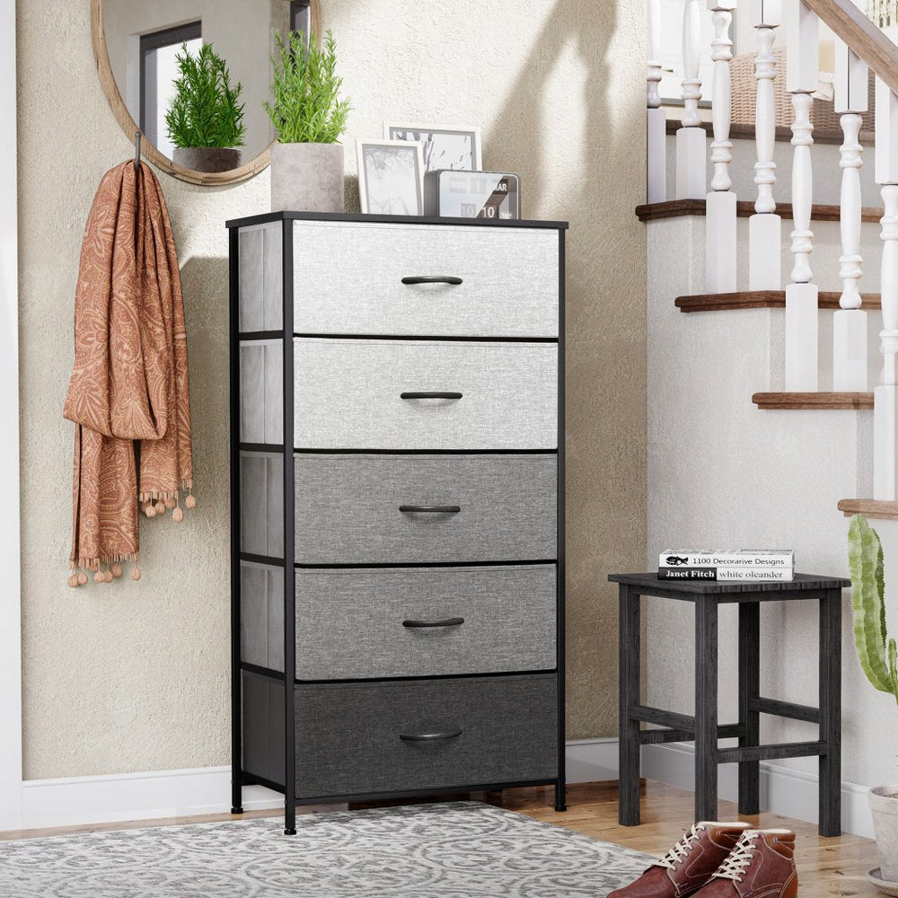 23" Gray and Black Steel and Fabric Five Drawer Double Dresser HomeRoots