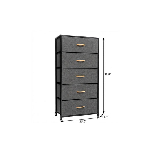 23" Gray and Black Steel and Fabric Five Drawer Chest HomeRoots