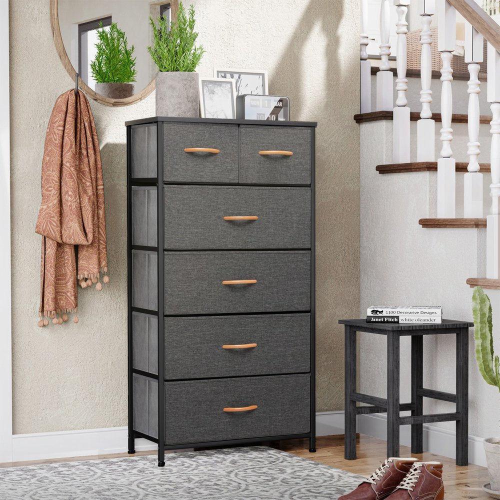 23" Gray and Black Steel and Fabric Six Drawer Chest HomeRoots