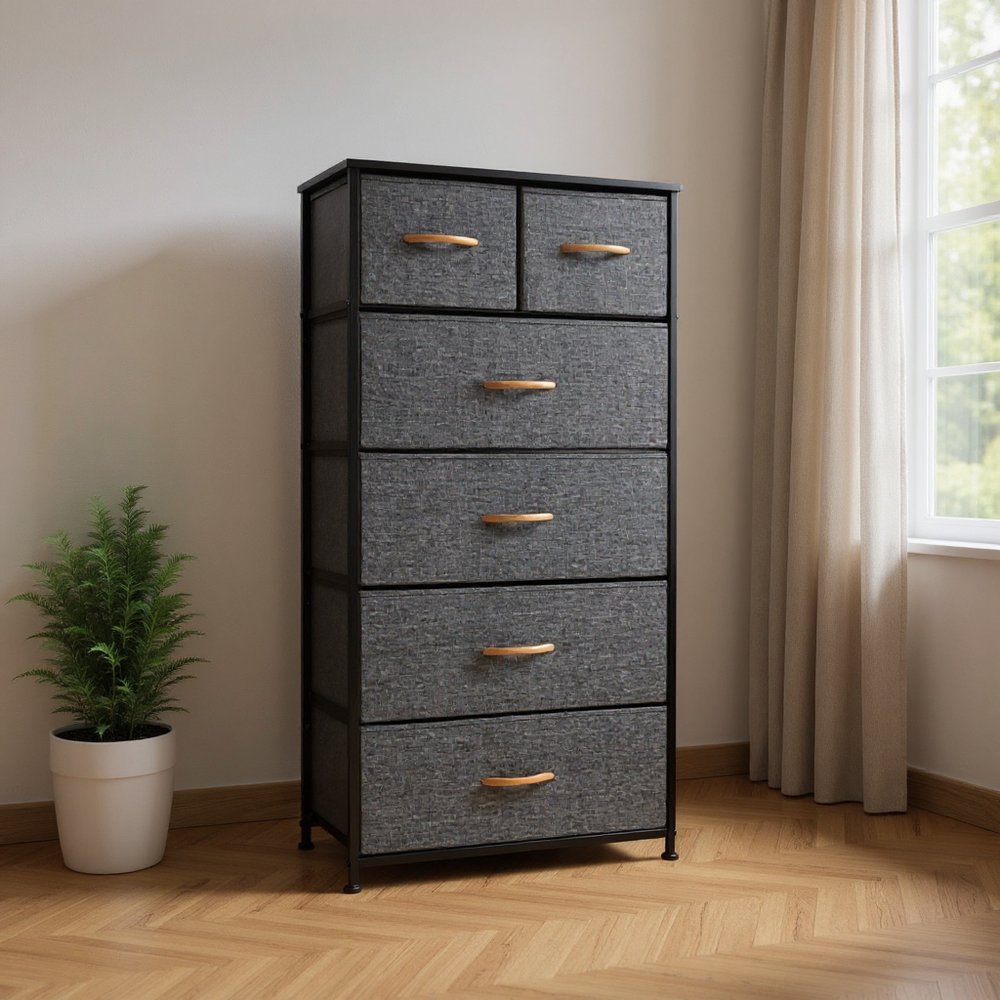 23" Gray and Black Steel and Fabric Six Drawer Chest HomeRoots