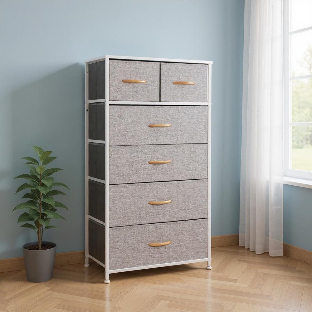 23" Gray and White Steel and Fabric Six Drawer Chest HomeRoots