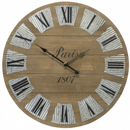 32" Round Brown Wood And Metal Analog Wall Clock