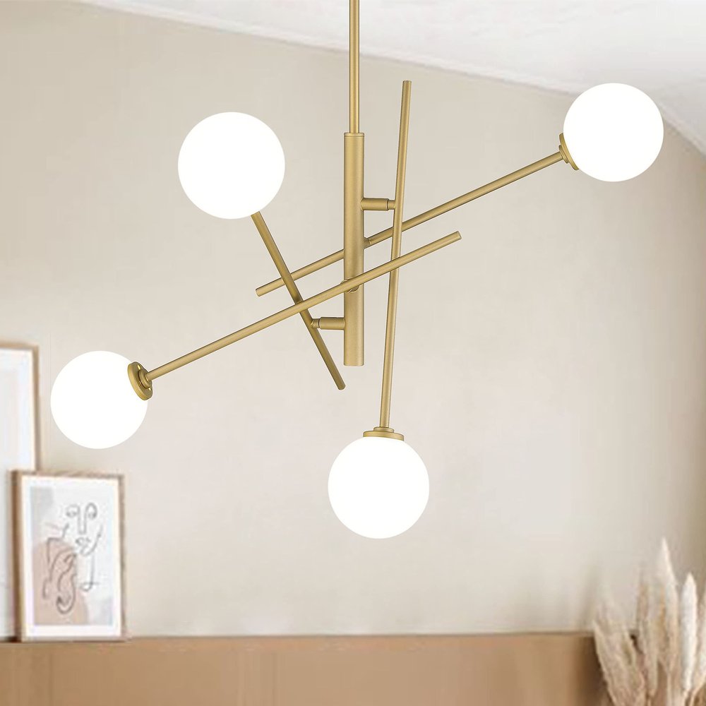 Brass Candle Style Four Light Metal Dimmable Chandelier With White Shades — view 2