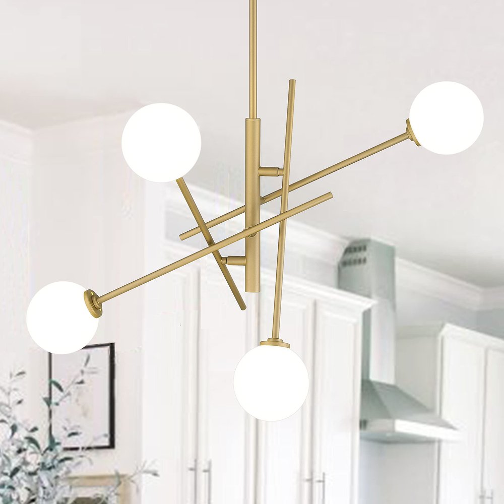Brass Candle Style Four Light Metal Dimmable Chandelier With White Shades — view 3
