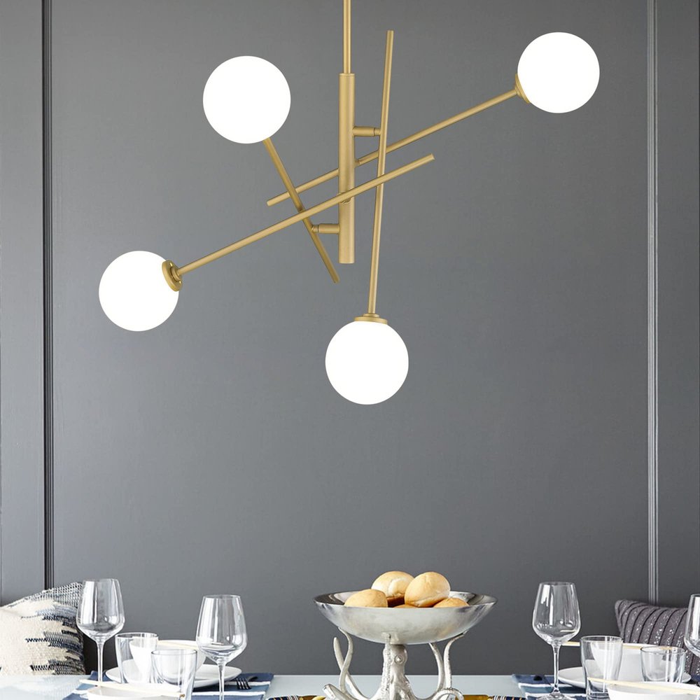 Brass Candle Style Four Light Metal Dimmable Chandelier With White Shades — view 4