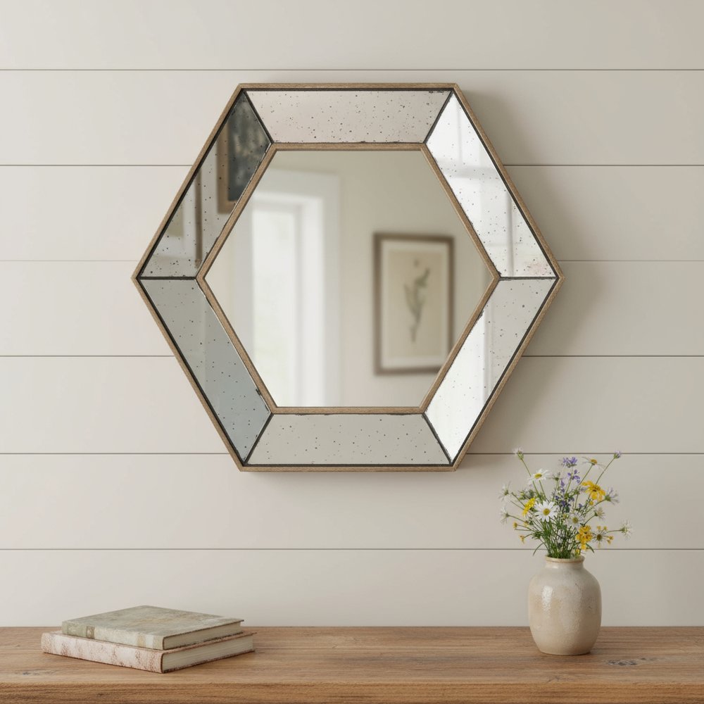 18" Hexagon Wall Mounted Vintage Style Glass Frame Accent Mirror HomeRoots
