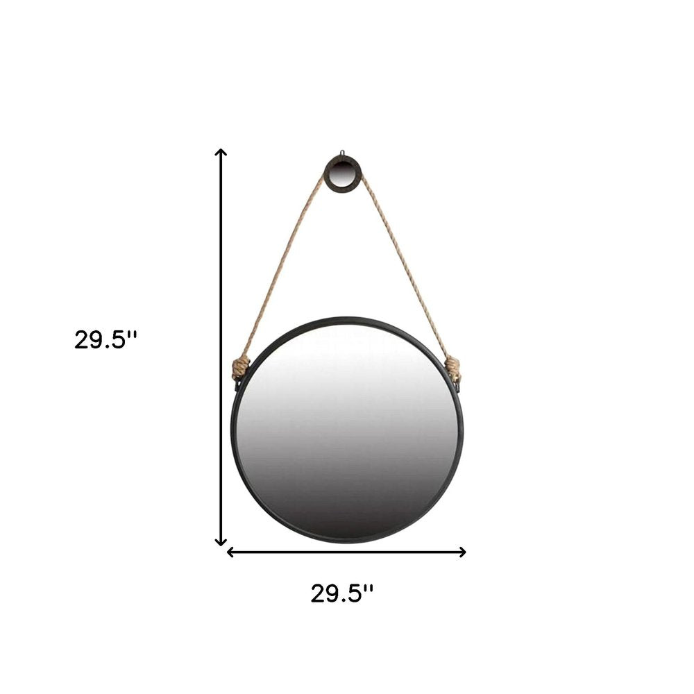 30" Black Fame Round Wall Hanging Accent Mirror with Rope HomeRoots