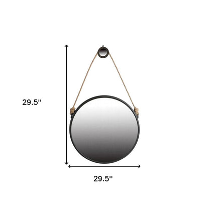 30" Black Fame Round Wall Hanging Accent Mirror with Rope HomeRoots