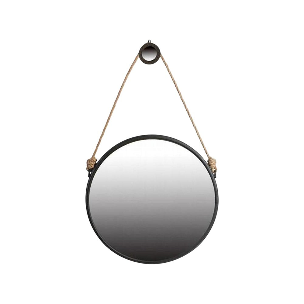 30" Black Fame Round Wall Hanging Accent Mirror with Rope HomeRoots