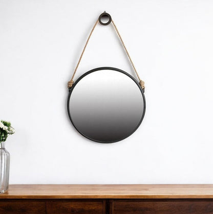 30" Black Fame Round Wall Hanging Accent Mirror with Rope HomeRoots