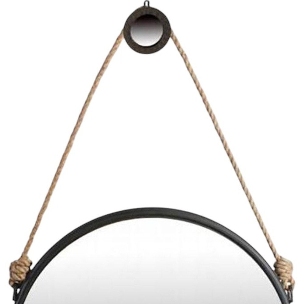 30" Black Fame Round Wall Hanging Accent Mirror with Rope HomeRoots