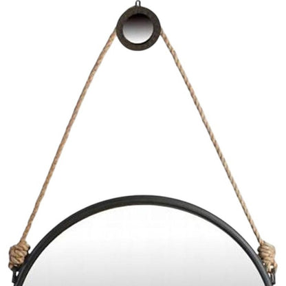 30" Black Fame Round Wall Hanging Accent Mirror with Rope HomeRoots