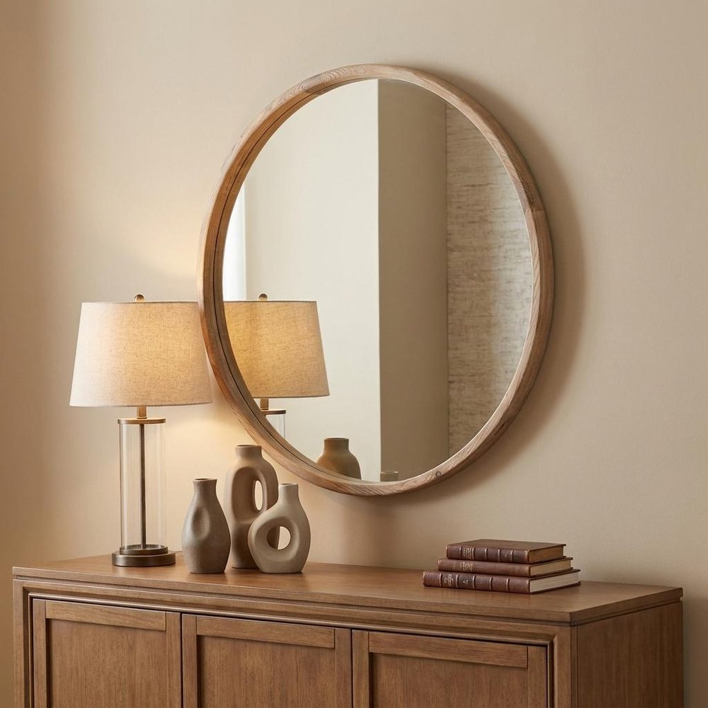 28" Brown Solid Wood Round Framed Accent Mirror HomeRoots