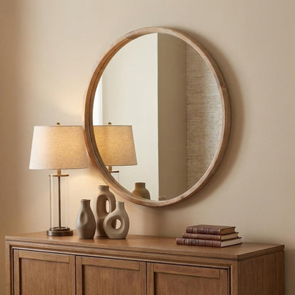 28" Brown Solid Wood Round Framed Accent Mirror HomeRoots