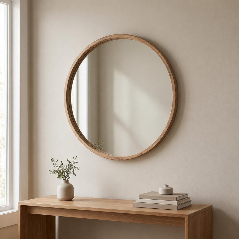 28" Brown Solid Wood Round Framed Accent Mirror HomeRoots