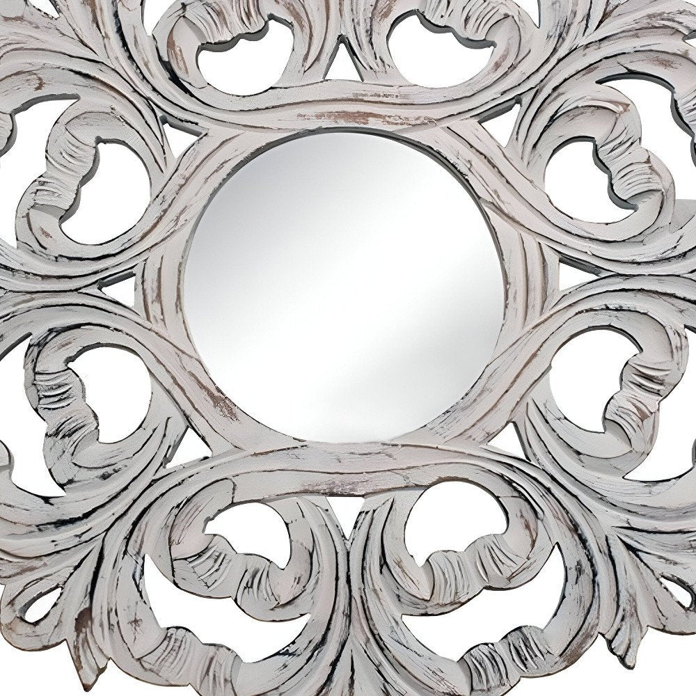 24" White Floral Scrollwork Distressed Round Framed Accent Mirror HomeRoots