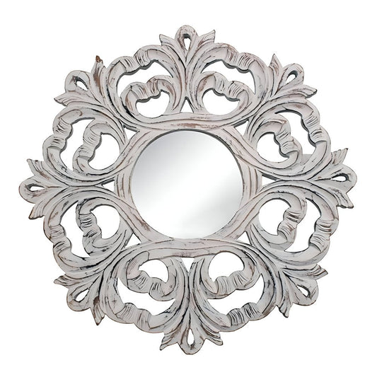24" White Floral Scrollwork Distressed Round Framed Accent Mirror HomeRoots