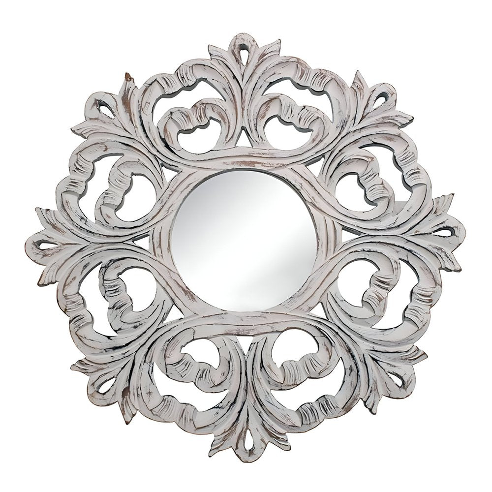 24" White Floral Scrollwork Distressed Round Framed Accent Mirror HomeRoots