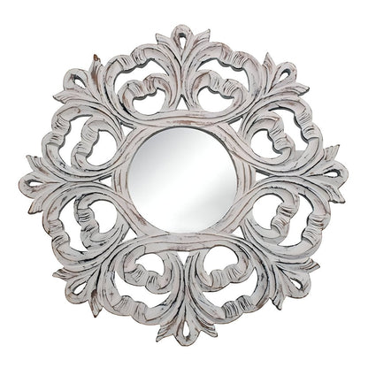 24" White Floral Scrollwork Distressed Round Framed Accent Mirror HomeRoots