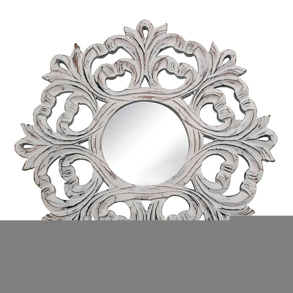 24" White Floral Scrollwork Distressed Round Framed Accent Mirror HomeRoots