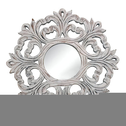 24" White Floral Scrollwork Distressed Round Framed Accent Mirror HomeRoots