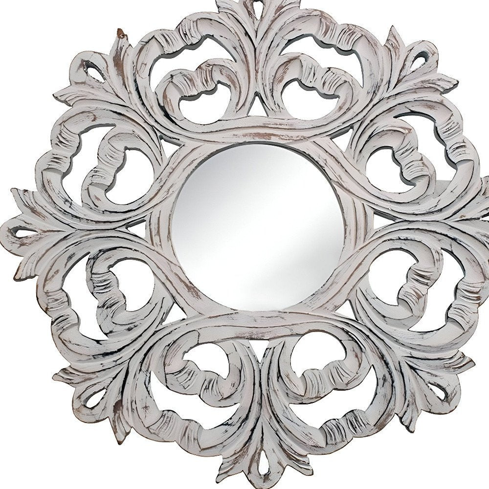 24" White Floral Scrollwork Distressed Round Framed Accent Mirror HomeRoots