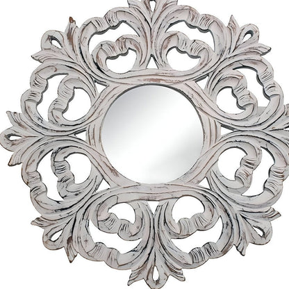 24" White Floral Scrollwork Distressed Round Framed Accent Mirror HomeRoots