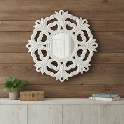 24" White Floral Scrollwork Distressed Round Framed Accent Mirror HomeRoots