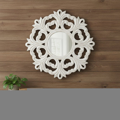 24" White Floral Scrollwork Distressed Round Framed Accent Mirror HomeRoots