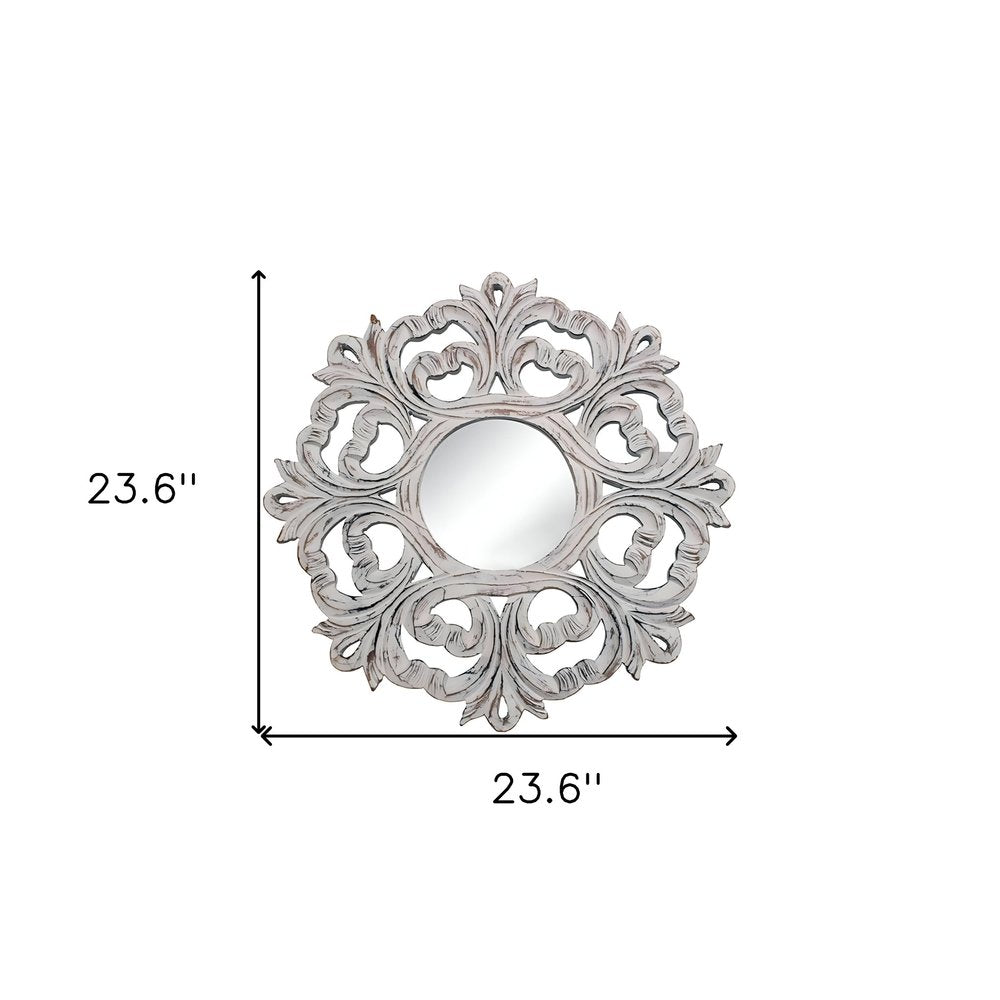 24" White Floral Scrollwork Distressed Round Framed Accent Mirror HomeRoots