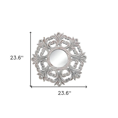 24" White Floral Scrollwork Distressed Round Framed Accent Mirror HomeRoots